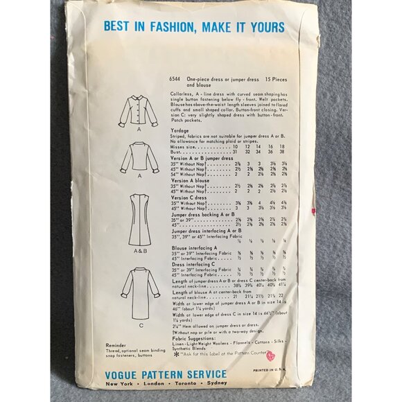 Vintage Vogue 6544 Sewing Pattern 60s Dress Blouse Sizes 14 uncut - Picture 2 of 2